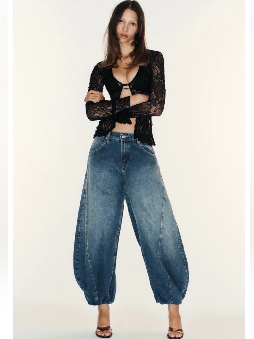 Zara Black Lace Top with Blue Wide-Leg Balloon Jeans